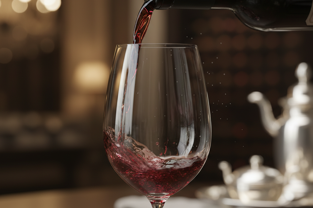 Red wine being poured into a glass with a blurred background